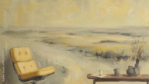 Abstract Oil Painting of a Modern Interior with a Yellow Lounge Chair and a Serene, Hazy Abstract Landscape View, Evoking Peace and Contemplation.