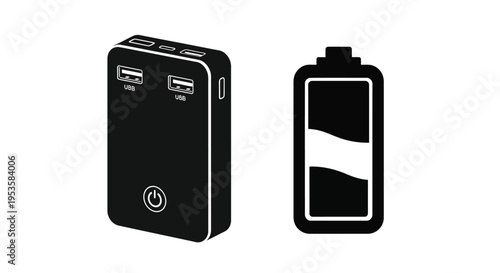 Black power bank and battery icon depicted in a simple graphic style