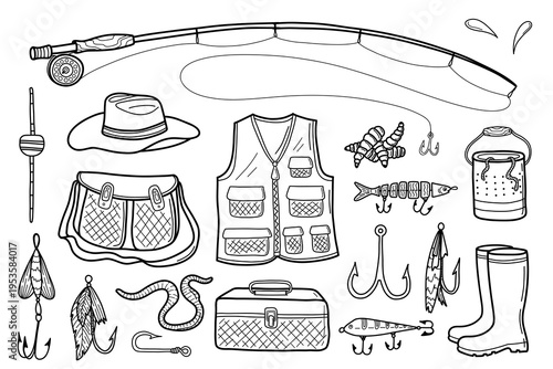 Fishing equipment doodle set. Collection of tackles for sport fishing. Sketch style fishing rod, waistcoat, floats, tackle box, rubber boots, hat. Hand drawn vector illustration