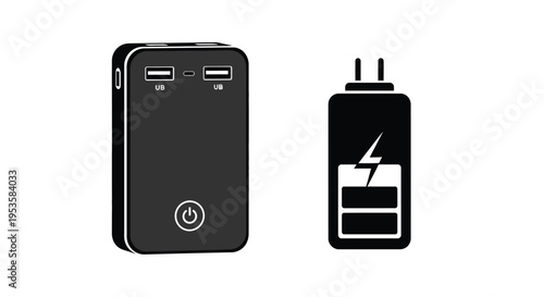 Black power bank and battery icon illustration on a white background