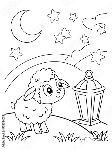 A cartoon sheep standing next to a lantern