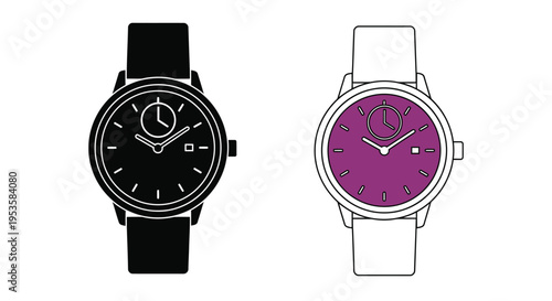 Two wristwatches one black and one purple displayed in a graphic style
