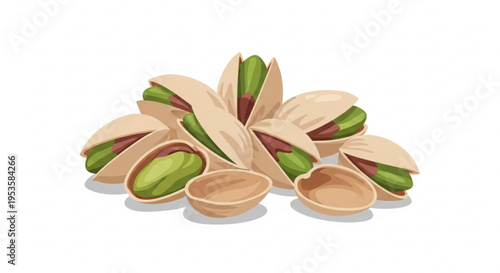 Pistachios in shells some opened green kernels on white background healthy snack
