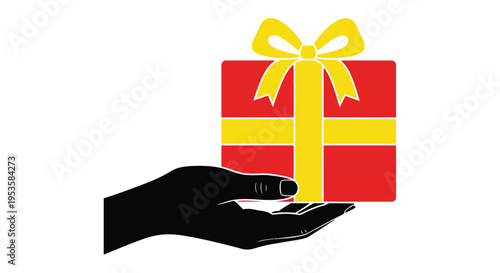 A black hand offering a red gift box tied with a yellow ribbon