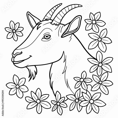 A goat's head surrounded by flowers