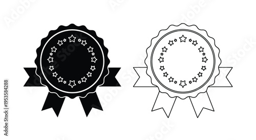 Two monochrome ribbon emblems with star shaped details side by side