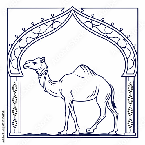 A camel standing under an archway