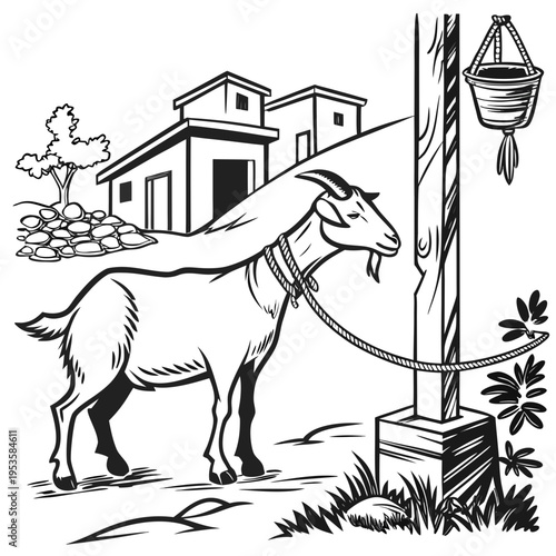 A goat standing on a tether near a house