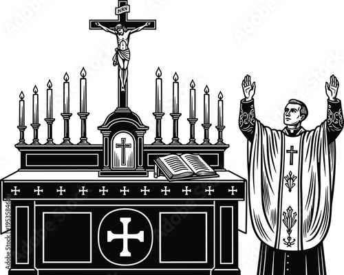 Priest standing with hands raised beside altar with crucifix and candles church