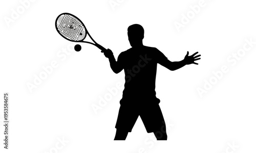 Black Silhouette of a Male Tennis Player with Racket and Ball, Isolated Vector Graphic