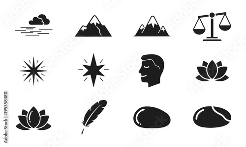 Set of Nature, Peace, and Balance Black Silhouette Icons. Modern Vector Illustration.