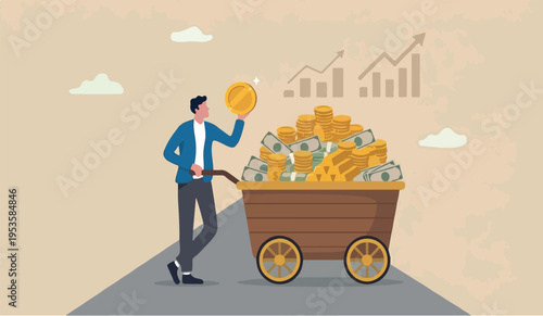 Success to the in for this is ofvestor, rich man making money from business or investment, income and revenue, budget, saving or profit concept, rich and successful businessman with load of money gold
