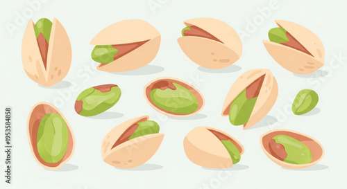 Pistachios in shells cracked open green kernels beige background healthy snack