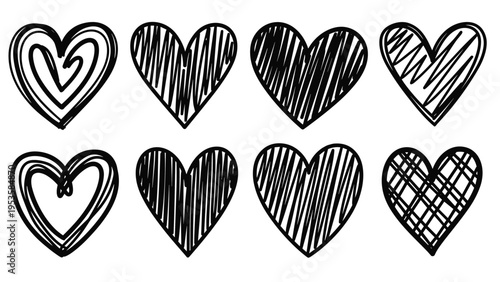 Collection of hand-drawn black and white heart sketches with various textures and hatching patterns for creative designs.
