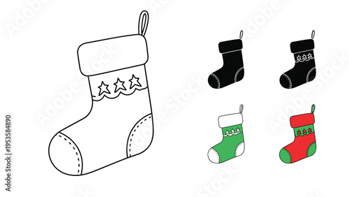 Traditional Christmas stocking illustration shown in outline, solid black, green, and red color variations for holiday decorations.