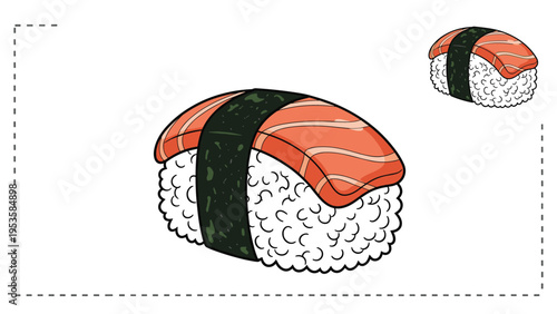 Detailed illustration of salmon nigiri sushi with a piece of fish over rice wrapped in a band of seaweed nori.