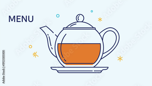 Teapot with orange tea illustration on light blue background featuring menu text and decorative star shapes for cafe branding.