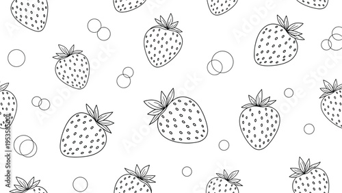 Seamless black and white pattern featuring hand drawn strawberries and circular shapes suitable for textile design and gift wrapping.