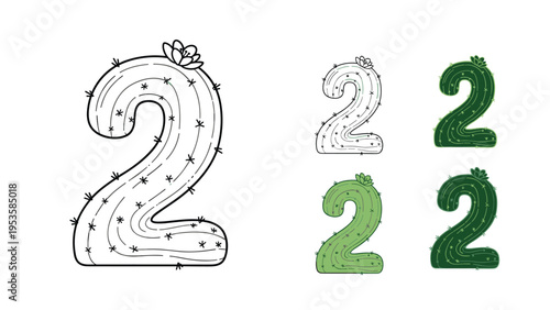 Number two shaped like a flowering cactus provides different green colored versions and an outline for educational and decorative purposes.