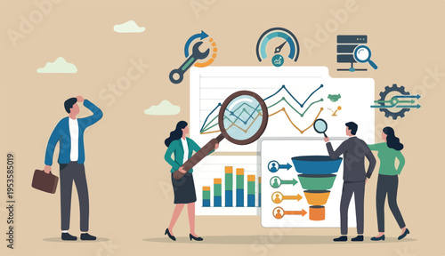 Data analysis and optimization SEO, marketing research user customer behavior, analyze business concept, business people using magnifier optimize tools analyze chart graph