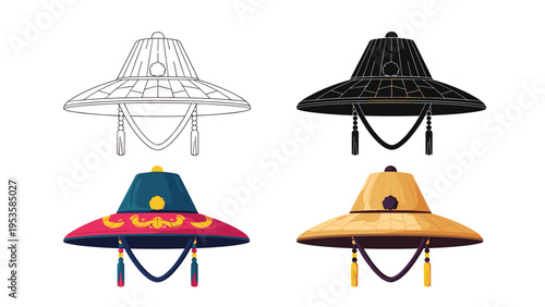 Traditional Korean hats shown in line art, black silhouette, and colored versions offer a cultural reference for historical and artistic use.