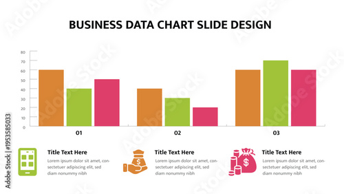 Business data bar charts with icons and text for presentation slides