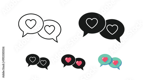 Speech bubbles with hearts presented in various styles including line art, solid black, and colorful designs for communication-themed projects.