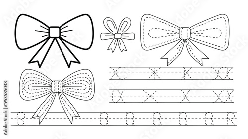 Elegant bows with tracing lines for preschool writing practice offer a decorative way for children to develop fine motor skills and control.