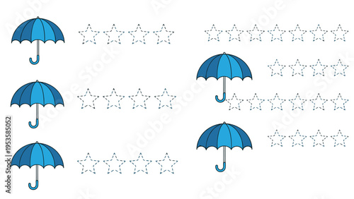 Blue umbrellas and star rating icons are part of an educational worksheet for counting, matching, or quality assessment activities for kids.