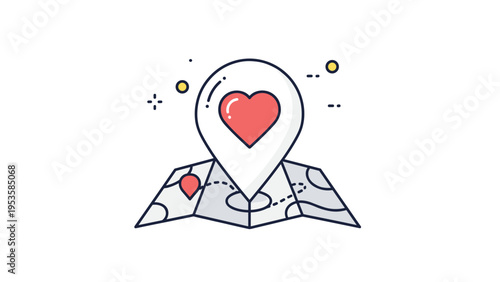 Map with a heart-shaped location pin illustrates romantic travels, honeymoon destinations, or finding love anywhere in the world.