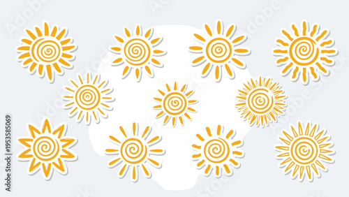 Collection of yellow sun stickers in different hand-drawn styles provides a sunny and cheerful aesthetic for summer and weather-related projects.