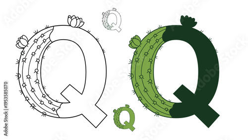 Alphabet letter Q shaped like a prickly cactus with flowers features coloring and colored versions for creative literacy and desert-themed art.