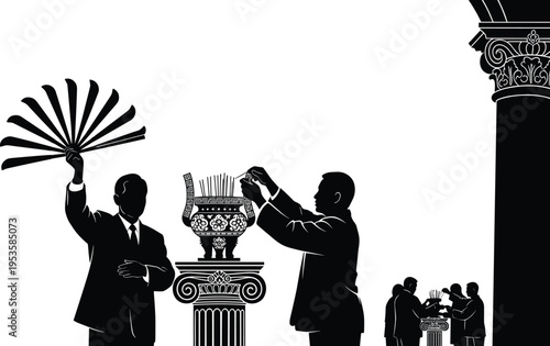 Vector Silhouette Illustration of Men in Suits Performing Traditional Incense Ritual and Holding Folding Fan at a Formal Ceremony - flavector