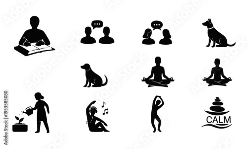 Set of Black Vector Silhouette Icons for Wellness, Mindfulness, Communication, and Daily Activities