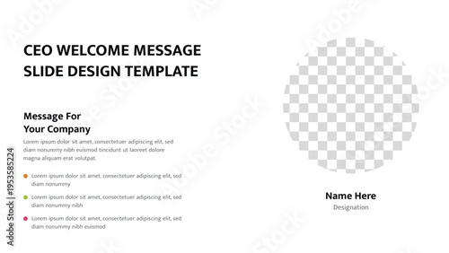 CEO welcome message slide for business presentation with profile placeholder