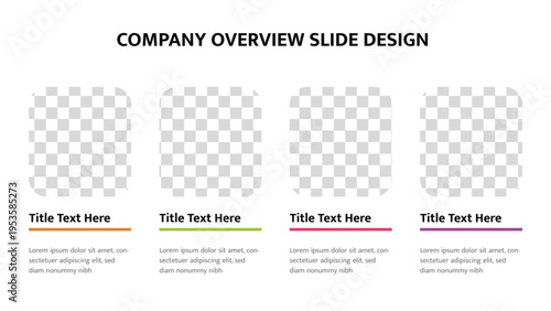 Company overview presentation slide with four columns and image placeholders