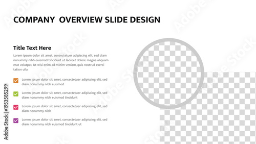 Company overview slide for business presentation with text and data placeholders
