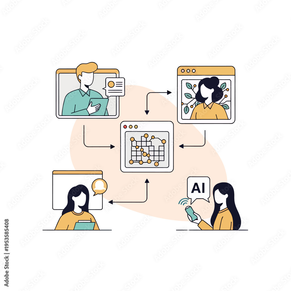 Fototapeta premium AI Powered Communication Network Illustration Connecting People and Devices for Remote Collaboration and Digital Workflow Management