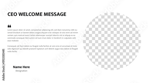 Corporate welcome message slide template with placeholder text and circular image frame