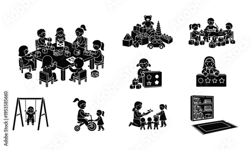Black and White Vector Collection of Children Playing and Kindergarten Activities Icons
