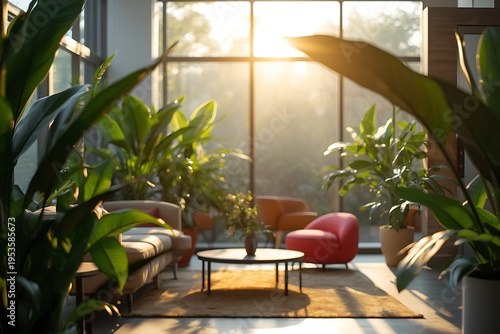 Generative AI lush indoor garden living room with sunlight and diverse green plants for calming