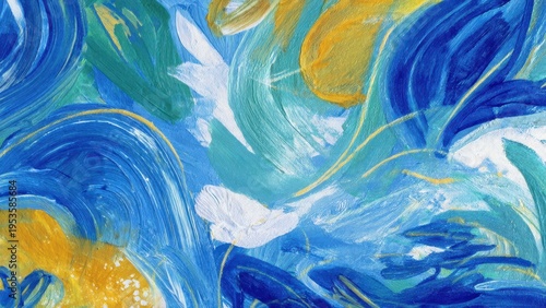 Abstract painting with fluid blue, green, and gold brushstrokes, creating a dynamic and vibrant pattern. Modern textured art evoking water, waves, and serene motion.