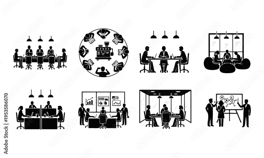 Fototapeta premium Set of Business Meeting and Teamwork Vector Icons. People Collaborating, Discussing, and Presenting in Office Settings.