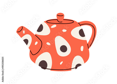 Teapot with retro pattern. Tea pot for hot drink brewing. Drinkware, ceramic kitchenware. Kitchen ceramics, tableware, cookware with print. Flat vector illustration isolated on white background