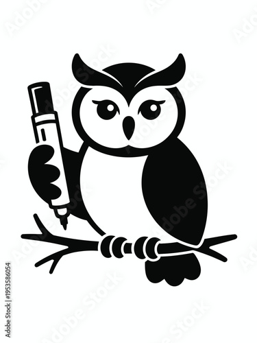 An owl perched on a branch holding a bottle of medicine and a syringe isolated on white background, Vector, illustration