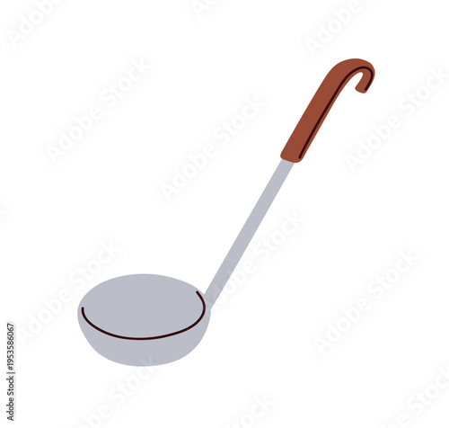 Ladle spoon, kitchen utensil for soup serving. Empty metal cookware, kitchenw...