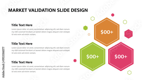 Market validation presentation slide layout with colorful hexagon sections and text placeholders