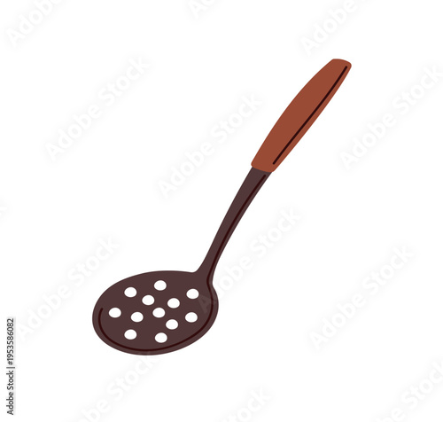 Skimmer, slotted strainer spoon. Kitchen tool, utensil. Cookware item, kitche...