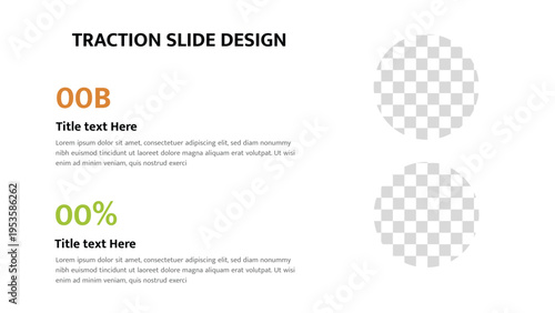 Modern presentation layout with text information sections and circular image placeholders