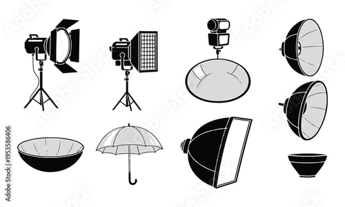 Set of Photography Studio Lighting Equipment Vector Icons. Softboxes, Umbrellas, Reflectors, Strobe Lights.